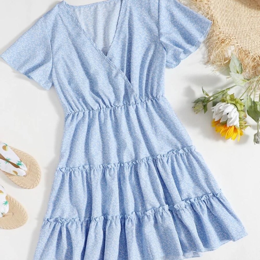 Surplice Neck Frill Trim Ditsy Floral Dress